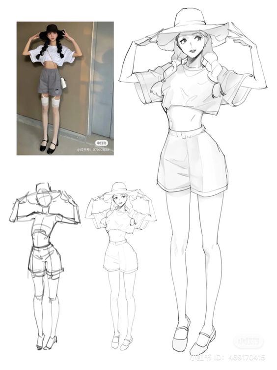 A character design sheet featuring a woman in a summer outfit with shorts, a shirt, and a wide-brimmed hat, alongside sketches of the outfit details.