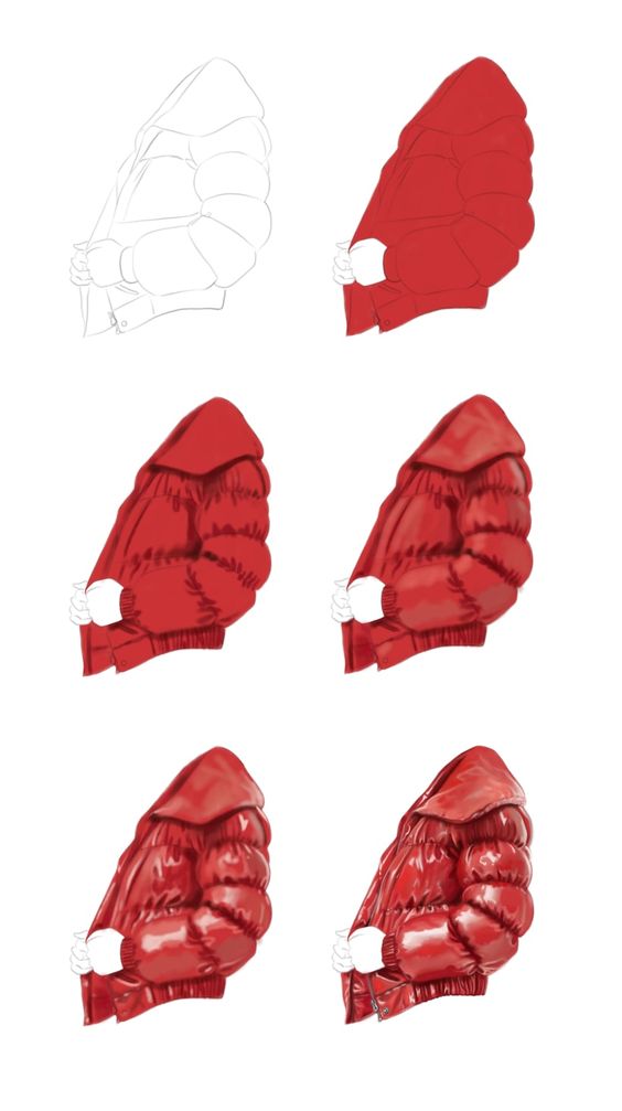 Six stages of a red boxing glove illustrating its design process, from a basic outline to a fully shaded and detailed final version.