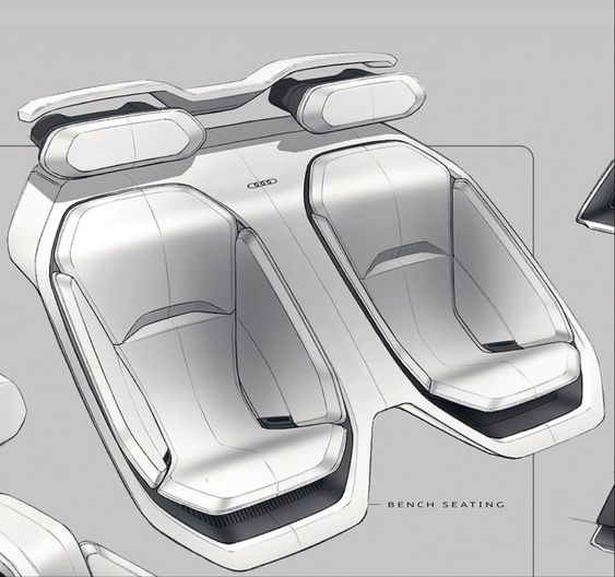 Concept drawing of a modern vehicle interior featuring dual bench seating with a sleek, futuristic design.