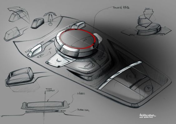 Conceptual sketches of a modern, sleek controller with a central touchpad, toggle switches, and annotation details, presented in grayscale tones.