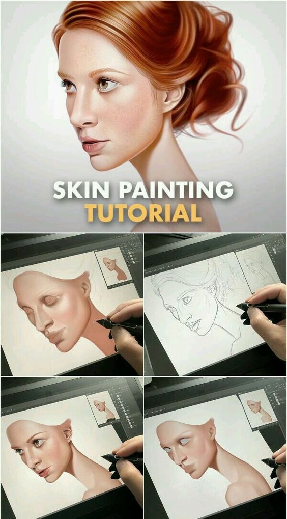Progressive images demonstrating a skin painting tutorial, starting from sketching to detailed painting of a woman's face with red hair.