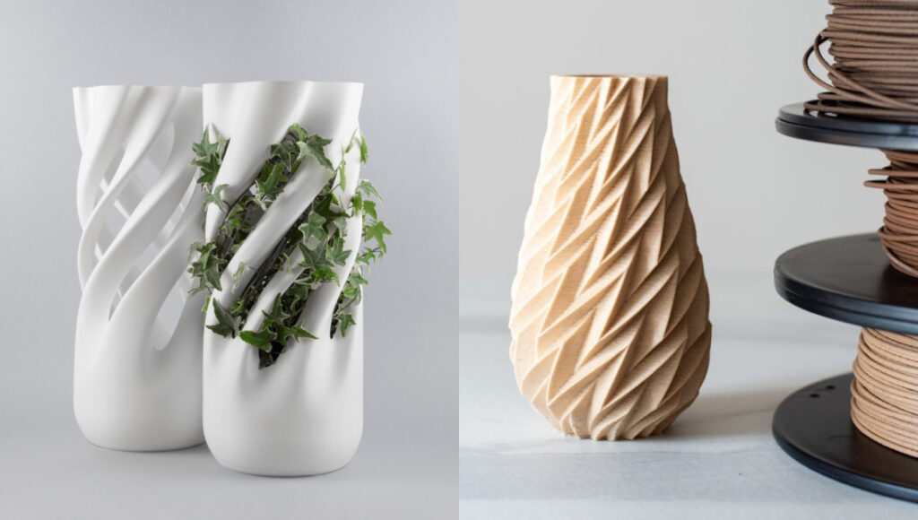 Two images of modern 3d-printed vases: on the left, a white vase with organic cut-outs holding greenery; on the right, a brown twisted vase next to 3d printing filaments.