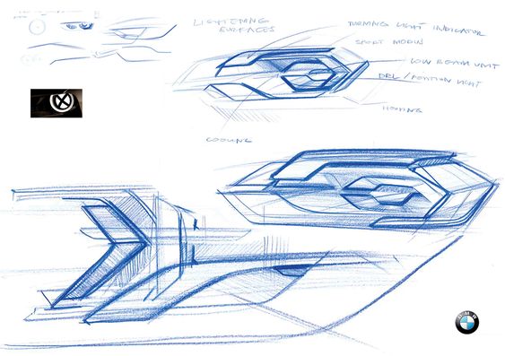 Early-stage concept sketches of a futuristic car design, featuring angular forms and annotations on lighting and surface details.