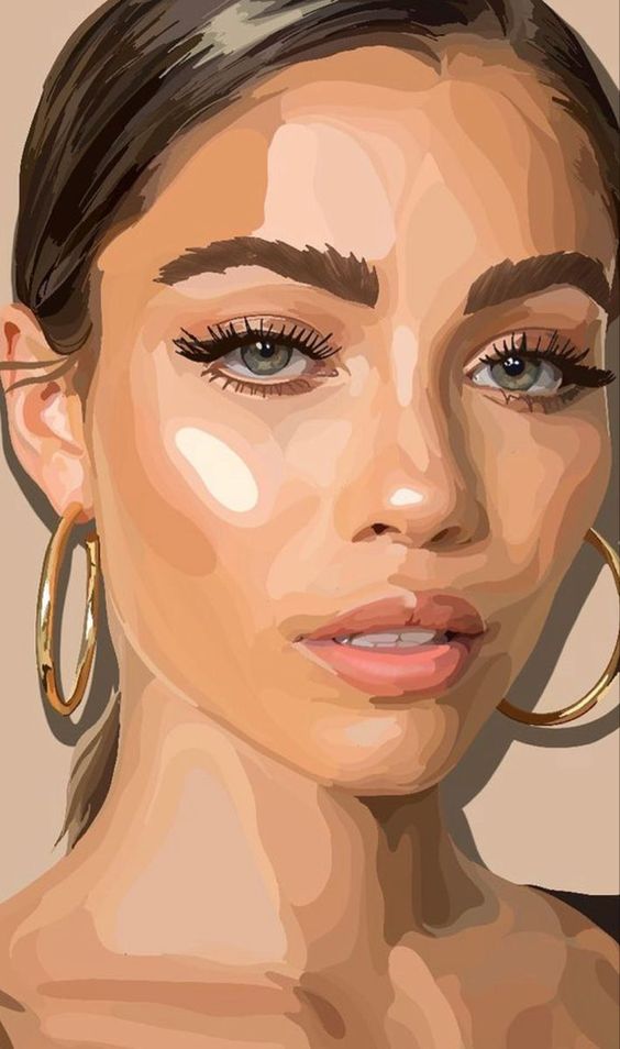 Digital portrait of a woman with prominent eyelashes and gold hoop earrings, featuring stylized, detailed rendering of her facial features.
