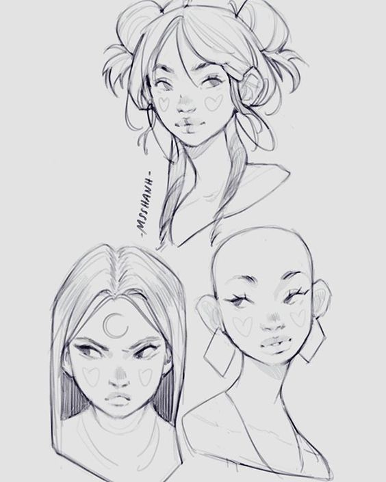Sketches of three female faces with various expressions: top with gentle smile and bun, middle with serious look, bottom with playful cheeks and joyful expression.