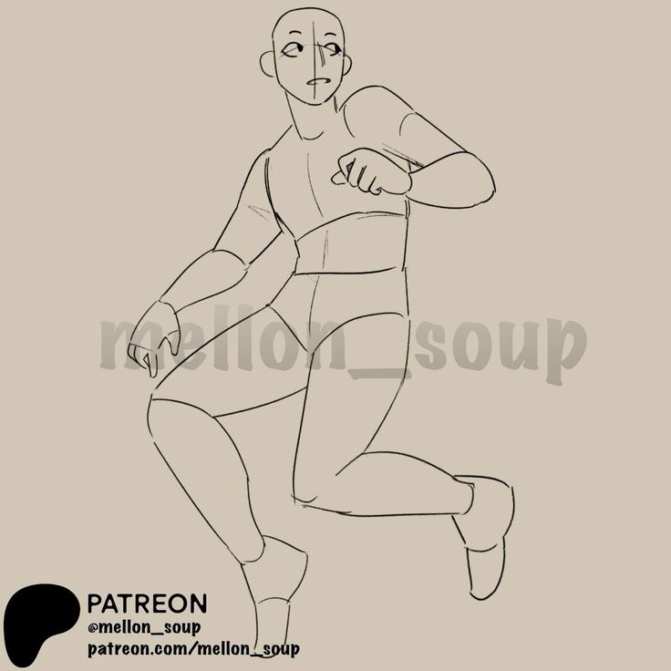 Monochrome sketch of a bald figure in athletic attire running energetically, with a watermark for "patreon.com/mellon_soup" in the bottom right corner.