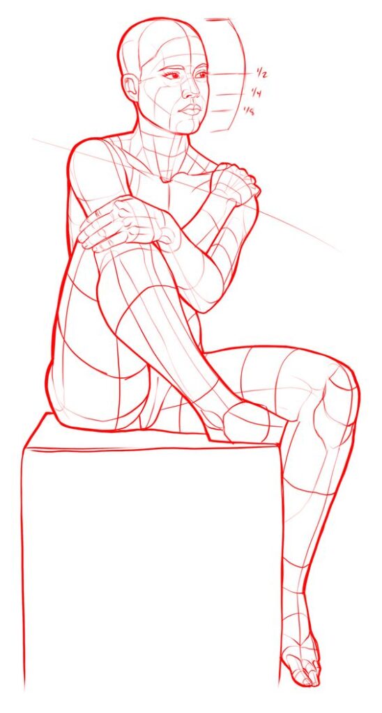 Red line-drawing illustration of a seated female figure hugging her knees, featuring anatomical and proportional guidelines.