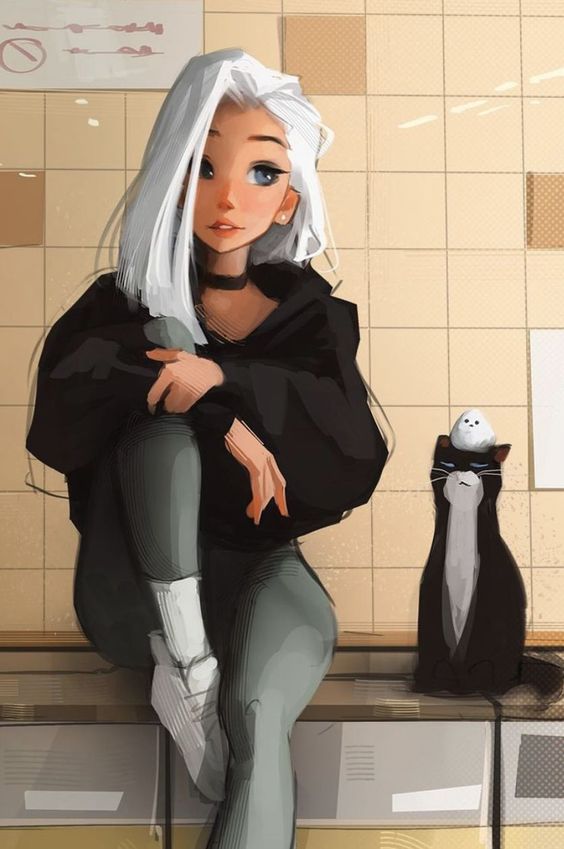 Illustration of a young woman with white hair sitting with her legs crossed, wearing green pants and a black sweater, accompanied by a small cat next to her.
