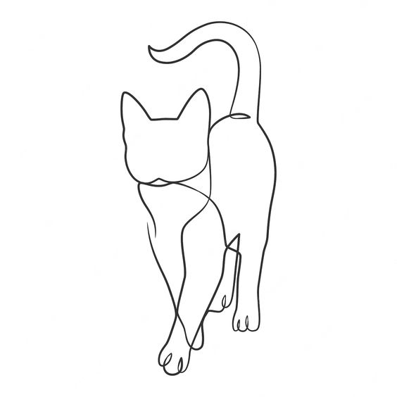 Line drawing of a cat with a simplified design, showing the feline in a sitting position with its tail curled upwards.