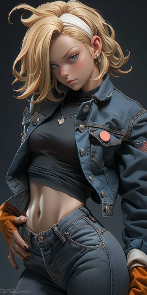 Digital artwork of a stylized female character with blonde hair and blue eyes, wearing a cropped top and a denim jacket with orange gloves.