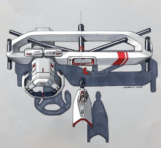 Illustration of a futuristic drone with twin rotors and sleek design, featuring red and white accents, alongside various sensors and appendages.
