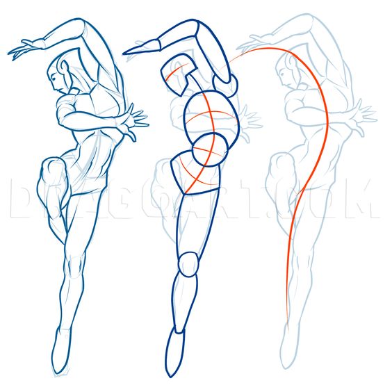 Three stages of a ballet dancer's pose progression illustrated in line art, emphasizing body alignment and movement flow.