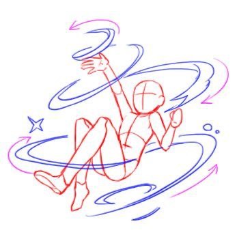 An abstract drawing of a human figure surrounded by dynamic swirling lines and shapes in blue and pink.