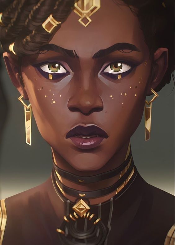 Illustration of a woman with dark skin, adorned with golden jewelry and tribal markings, highlighting her distinguished eyes and serious expression.