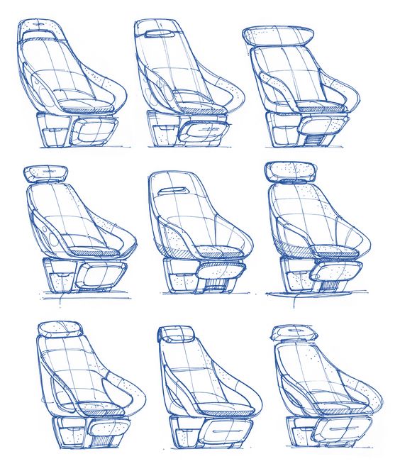 Sketches of various car seat designs in blue ink, featuring different perspectives and adjustments.
