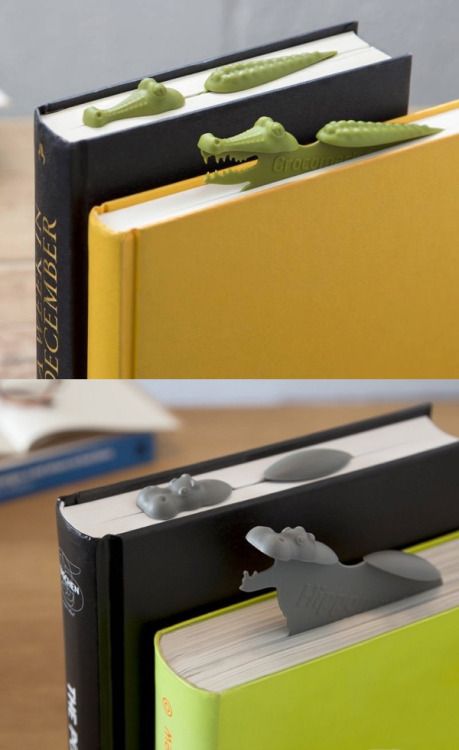 Two images of animal-shaped bookmarks sticking out of hardcover books: top image shows green crocodile bookmarks; bottom image shows gray hippo bookmarks.