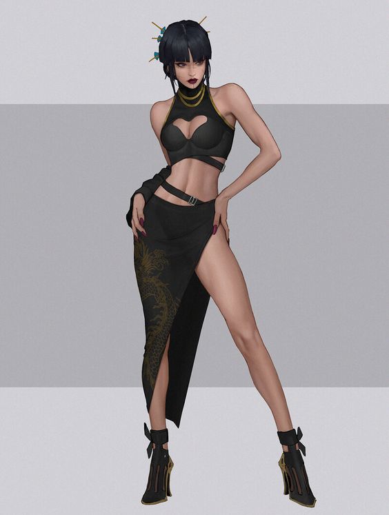 A digital artwork of a woman with short black hair and bangs, wearing a black crop top, skirt with a dragon design, and high-heeled boots.