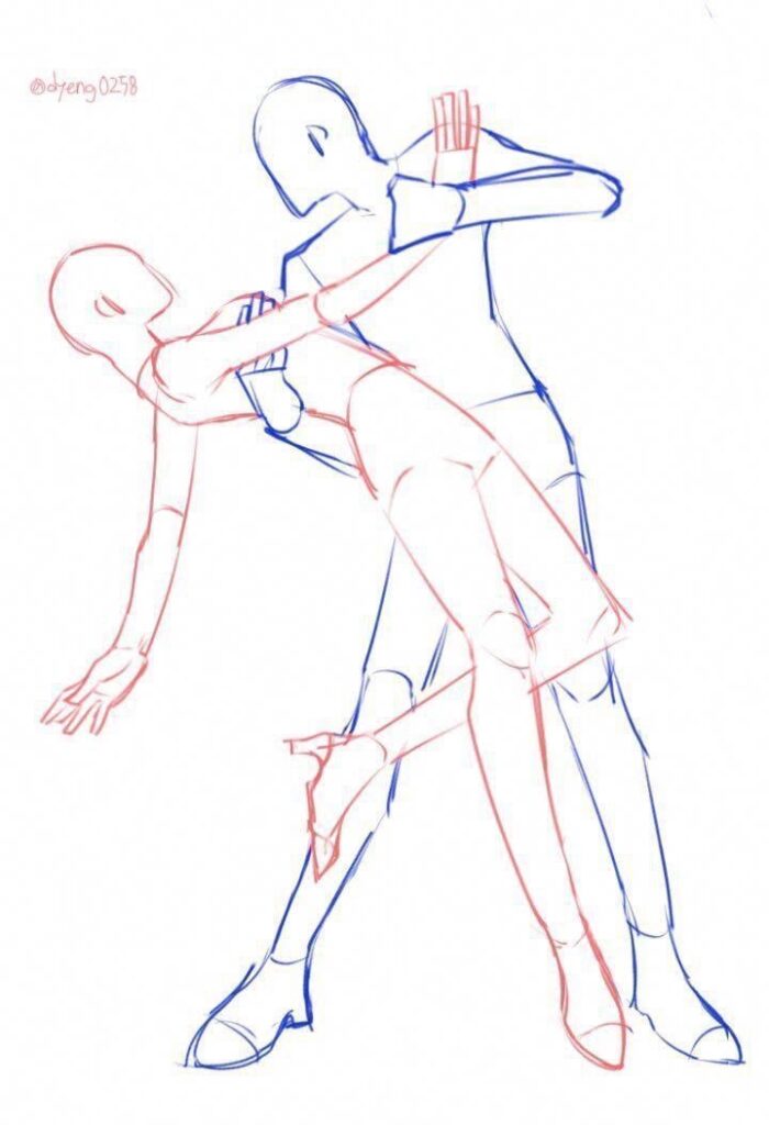 Two stylized figures in a dynamic dance pose, one in blue and one in red line art, showcasing movement and interaction.