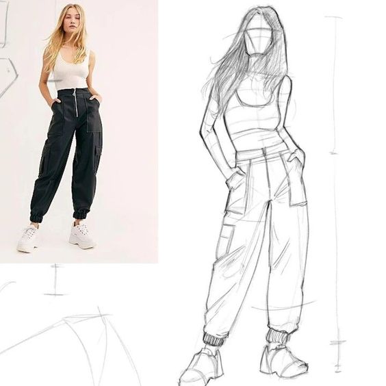 A split image showing a woman in a tank top and cargo pants on the left and a corresponding fashion sketch on the right.