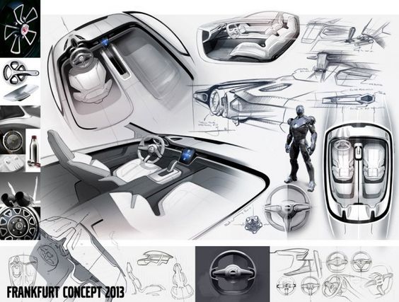 Concept sketches of a futuristic car design from various angles, accompanied by a drawing of a suit-clad figure, labeled "frankfurt concept 2013".