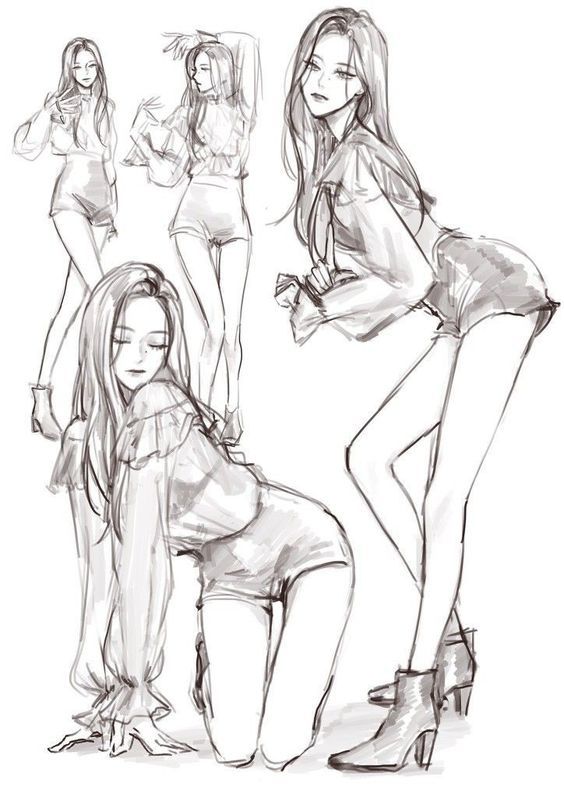 Sketches of a fashion model in various poses wearing a shirt and shorts, depicted in a monochrome pencil style.