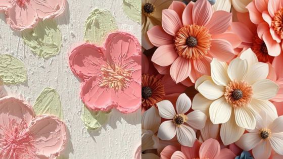 A textured painting of pink flowers on the left contrasts with a photograph of vibrant, three-dimensional paper flowers on the right.