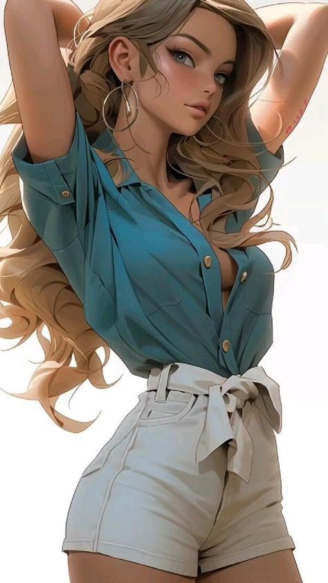 Animated young woman with flowing blonde hair, wearing a teal button-up shirt and white shorts, looking thoughtfully to the side.