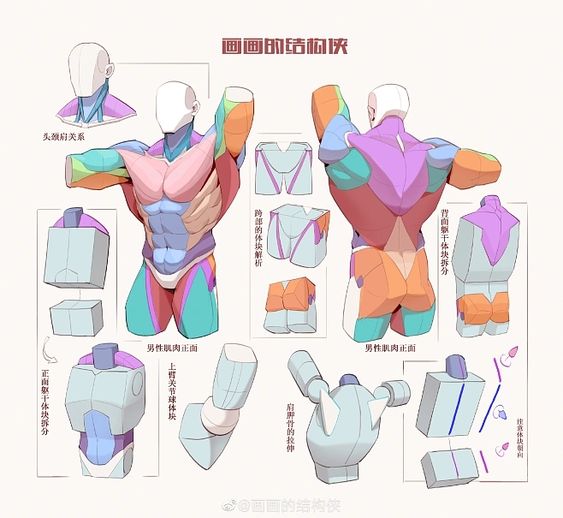 Illustration of a character design showing various views and details of a colorful futuristic armor suit.