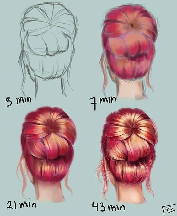 Progression of drawing a bun hairstyle with increasing detail, labeled with time taken: sketch, basic color, enhanced details, and finished look.