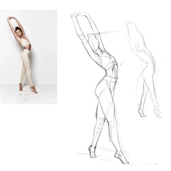 A female dancer poses next to her sketched illustration, demonstrating an overhead stretch in a dance studio.