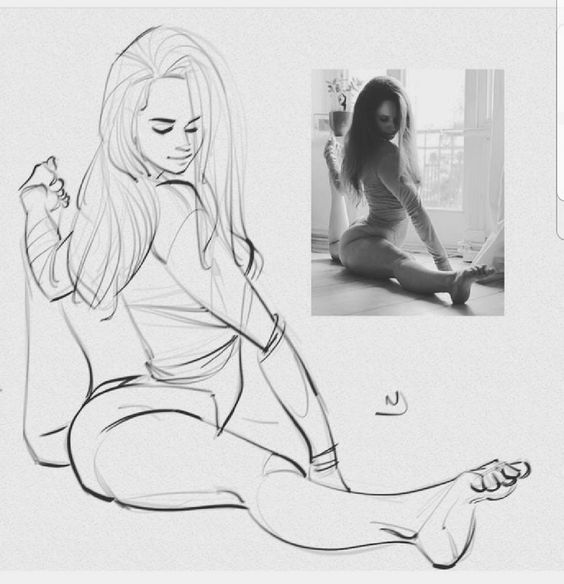 Sketch and photo of a woman sitting on the floor by a window, stretching her arms, with long hair flowing down her shoulders.