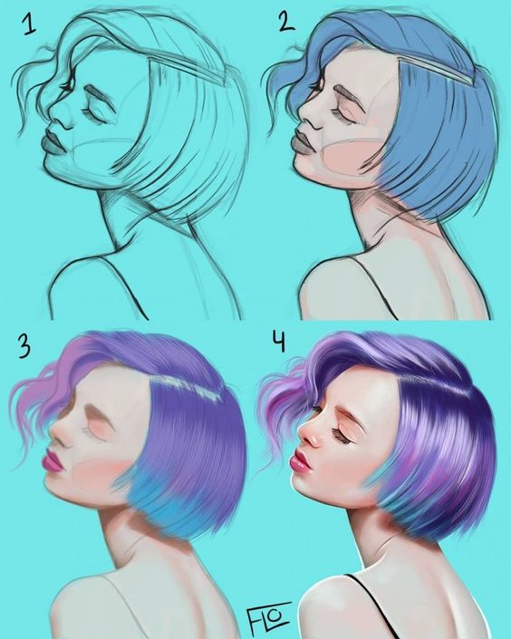 Four stages of a digital painting showing the progression of a woman's portrait from a sketch to a fully colored image with gradient purple hair.