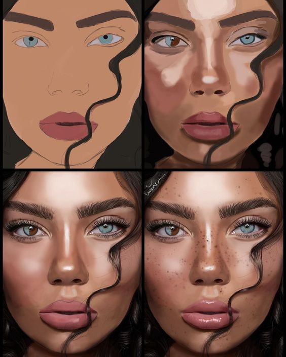 Four-panel digital artwork showcasing a progression of a woman's face from a simple line drawing to a detailed, realistic portrait with blue eyes and freckles.