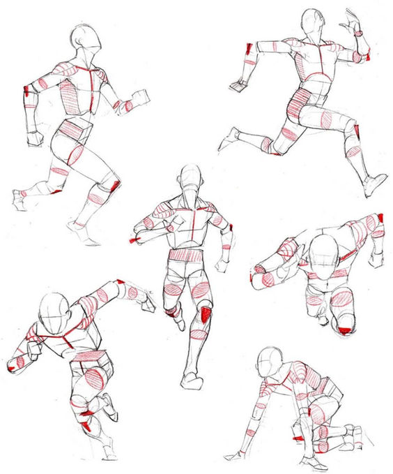 Multiple sketches of a human figure in various dynamic poses, highlighting muscle groups and movement mechanics, using red accents.
