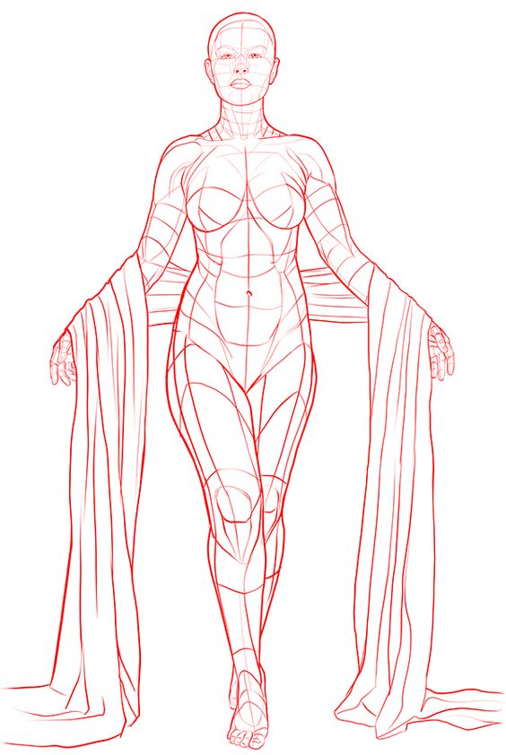 Illustration of a stylized female figure in a dynamic pose, outlined in red, with detailed musculature and draped fabric extending from the arms.