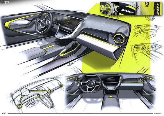Conceptual sketches of a jeep car interior showing steering wheel and dashboard designs with highlighted features in yellow and gray tones.