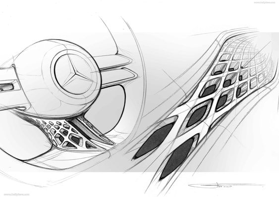 Conceptual sketch of a futuristic vehicle featuring a prominent circular emblem and aerodynamic design with multiple vents and grille patterns.