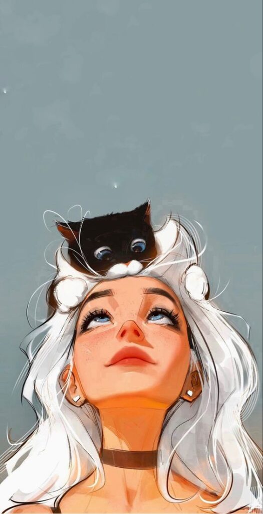 Illustration of a woman with white hair looking upward, with a black cat perched on her head against a light blue background.