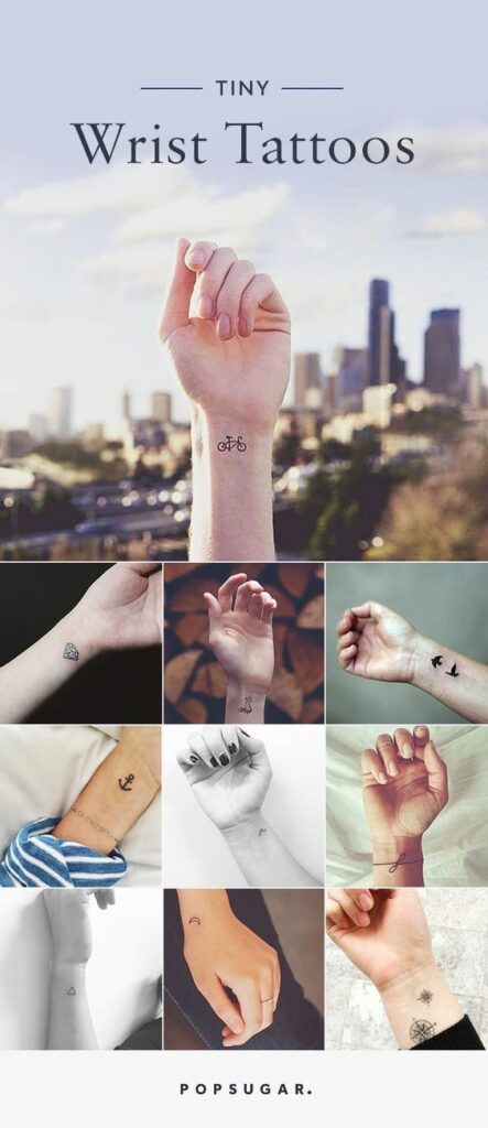A vertical collage of seven photos featuring close-ups of various small wrist tattoos on different individuals, with a cityscape background at the center.