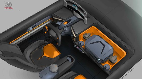 Conceptual design of a futuristic toyota vehicle interior featuring sleek orange and black elements, digital displays, and minimalist controls.