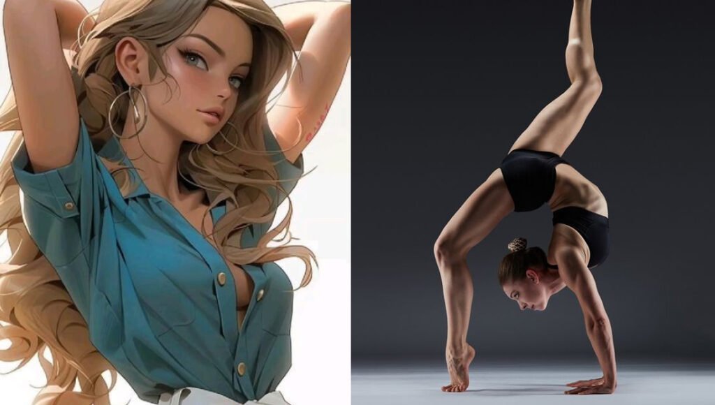 Left: digital artwork of a woman with flowing blonde hair and a blue shirt. right: a gymnast performing a handstand on a reflective surface.
