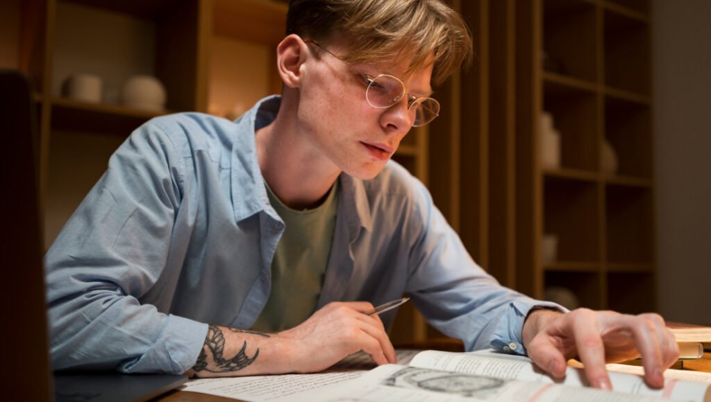 Young man with glasses and a tattoo on his arm studying papers intensely at a desk in a dimly lit room.