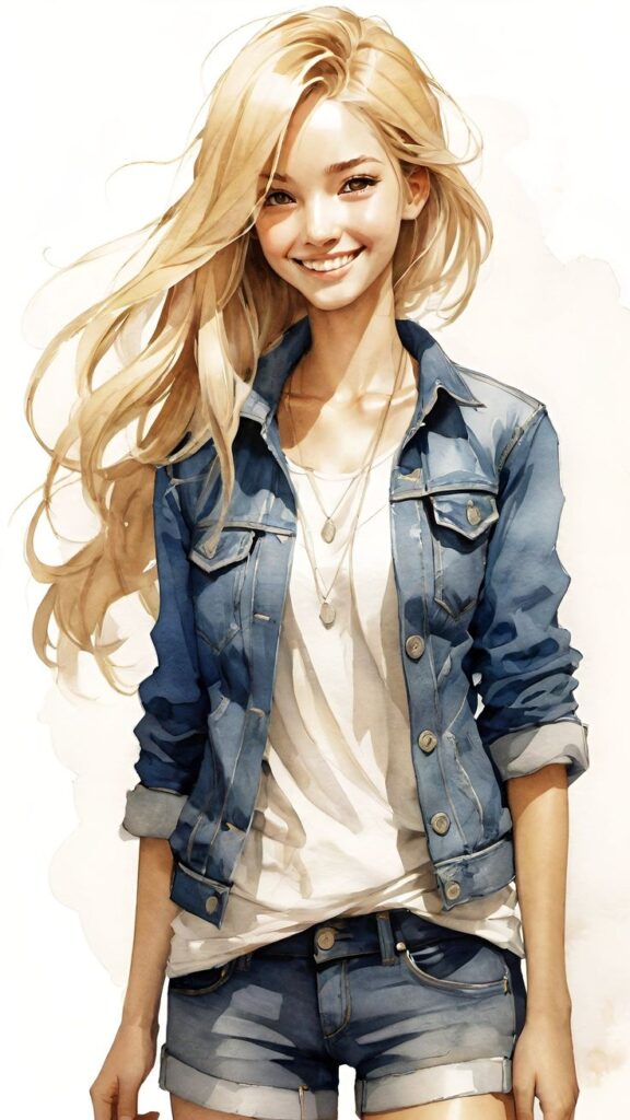 Illustration of a smiling young woman with long blond hair, wearing a denim jacket and shorts.