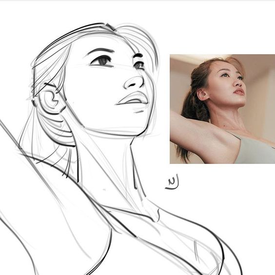 A side-by-side comparison of a pencil sketch and a photograph of a woman looking upwards, highlighting the translation from drawing to real-life image.