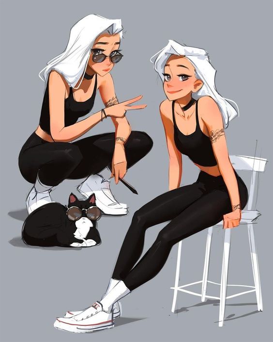 Two stylized young women with white hair and black outfits pose with a small black and white cat near a stool. one is seated, and one is crouching.