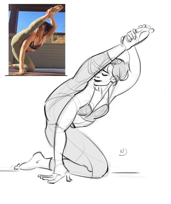 A woman performing a yoga pose is mirrored by an illustration showing a similar pose, highlighting the form and movements involved in the exercise.