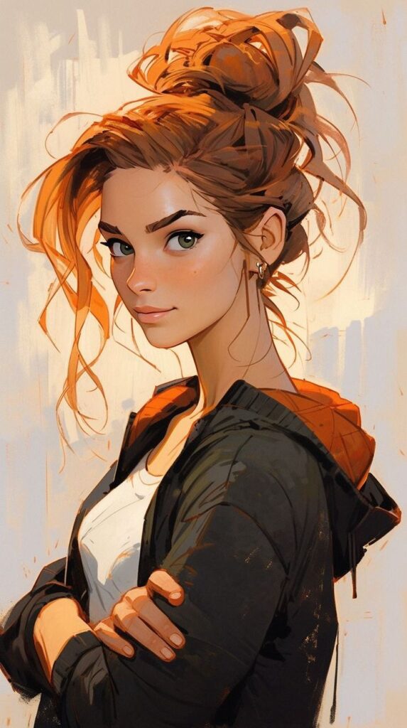 Illustration of a young woman with a messy bun, featuring flowing auburn hair and wearing a casual dark jacket over a white top. she has a gentle, confident expression.