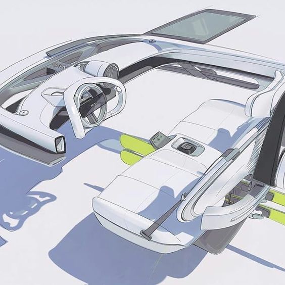 Aerial view of an open, futuristic car with white seats and a transparent roof, highlighting the steering wheel and dashboard.