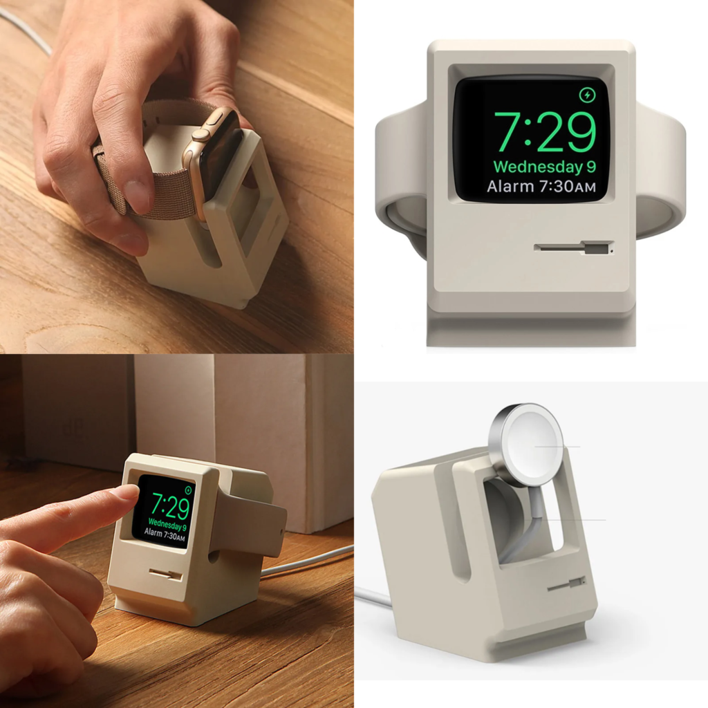 A collage of four images showing a modern, square alarm clock in various uses including being adjusted, displayed, pointed at, and in standby mode on a wooden surface.