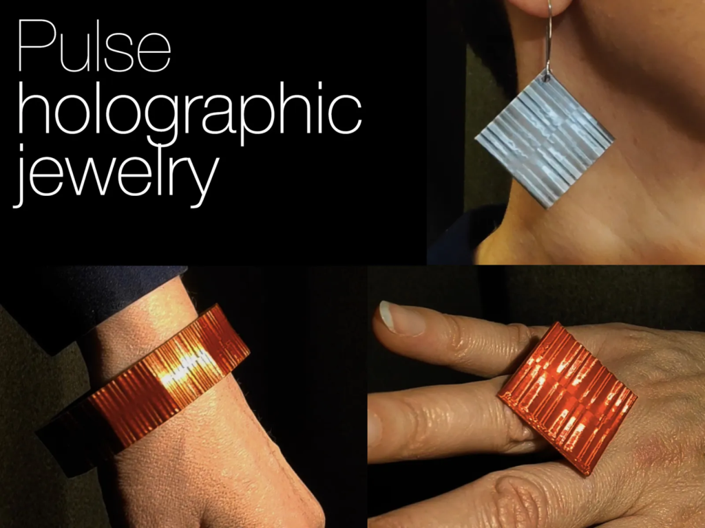 Pulse holographic jewelry displayed on human models, featuring a dangling earring and a wristband bracelet illuminated to showcase reflective patterns.